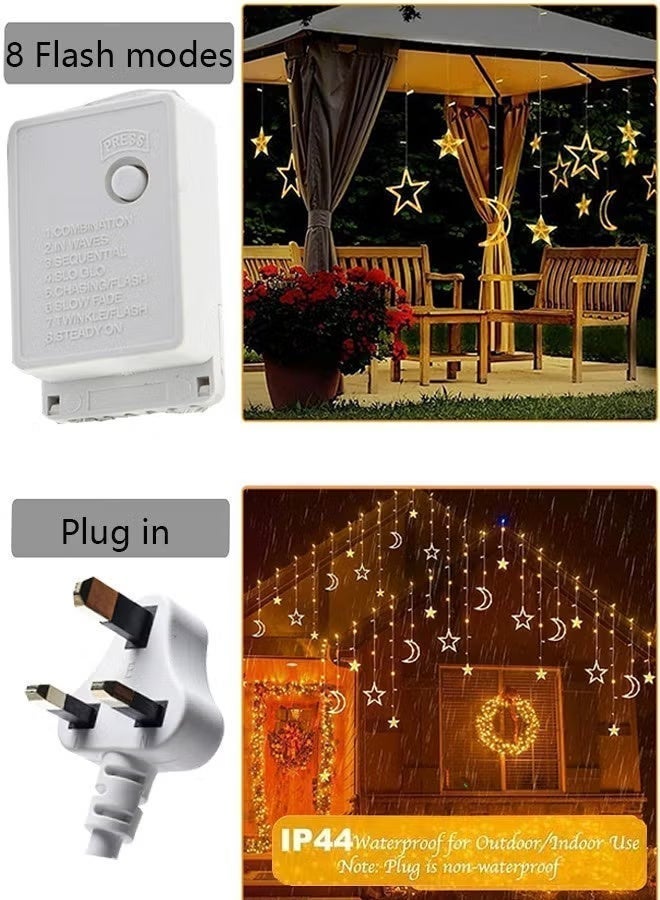 Univer Tang Star Moon Curtain Ramadan Lights for Bedroom Decor,3.5M Ramadan Decorations Light,Eid Moon Window String Lights,8 Flash Modes Led String Fairy Lights Stars Shaped And Moon Curtain Decorative Lights - Image 5